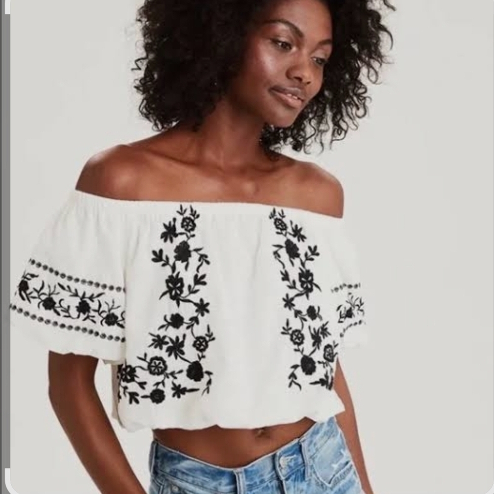 American Eagle White Off-Shoulder Crop Top with Black Embroidery